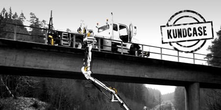 SRS Sjölanders inspektionsfordon i uppdrag att syna undersida järnvägsbro, en mångledad korgarm med räckvidd upp till 7 m. Kraftgivaren från Tecsis, modell F9301 är monterad mellan korgarm och korg. 