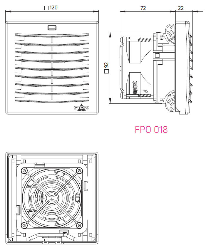 Måttskiss filterfläkt FPO018 92x92 mm