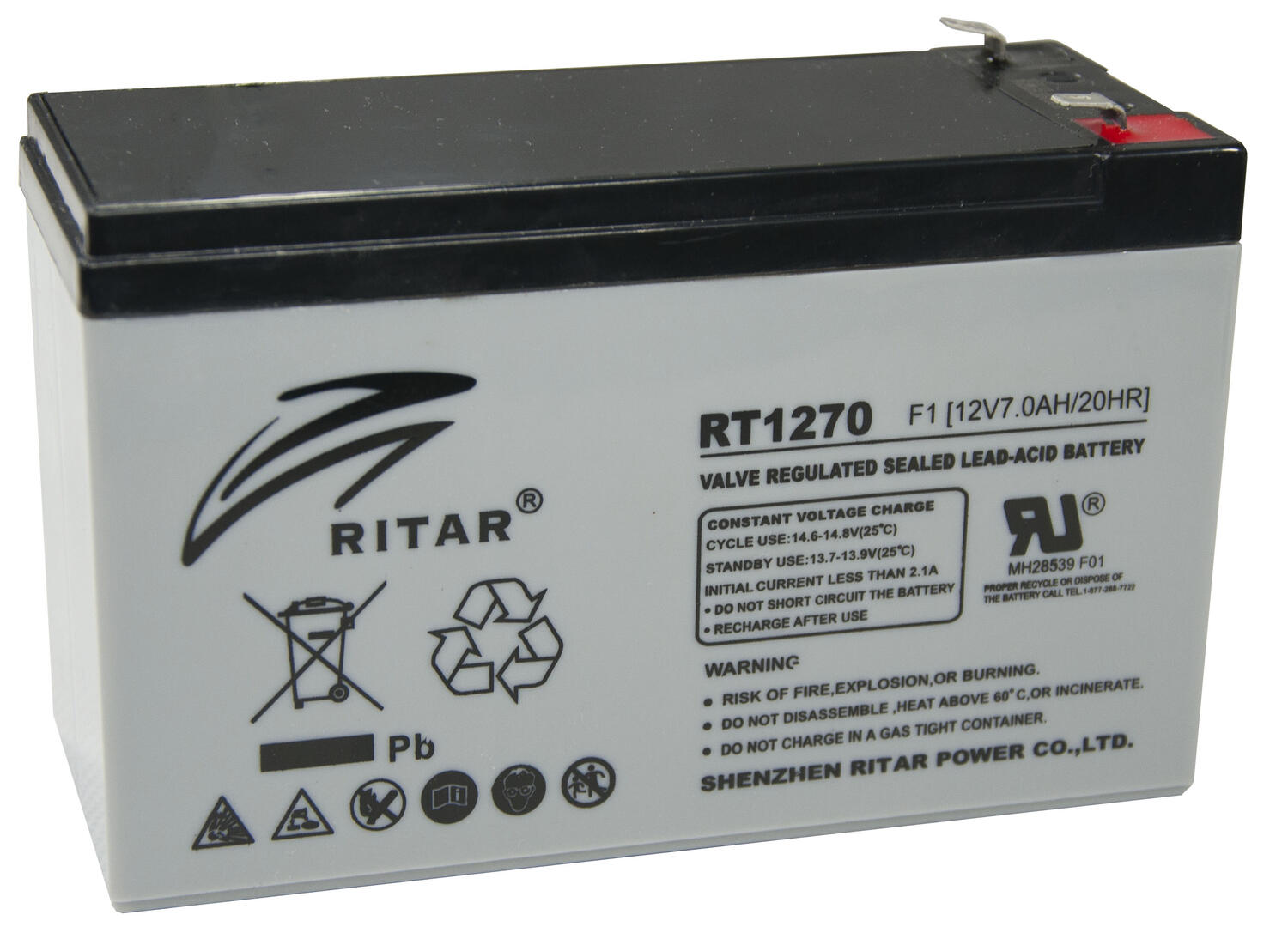 RT1270-F1 12V 7Ah underhållsfri blybatteri med ventilerad konstruktion