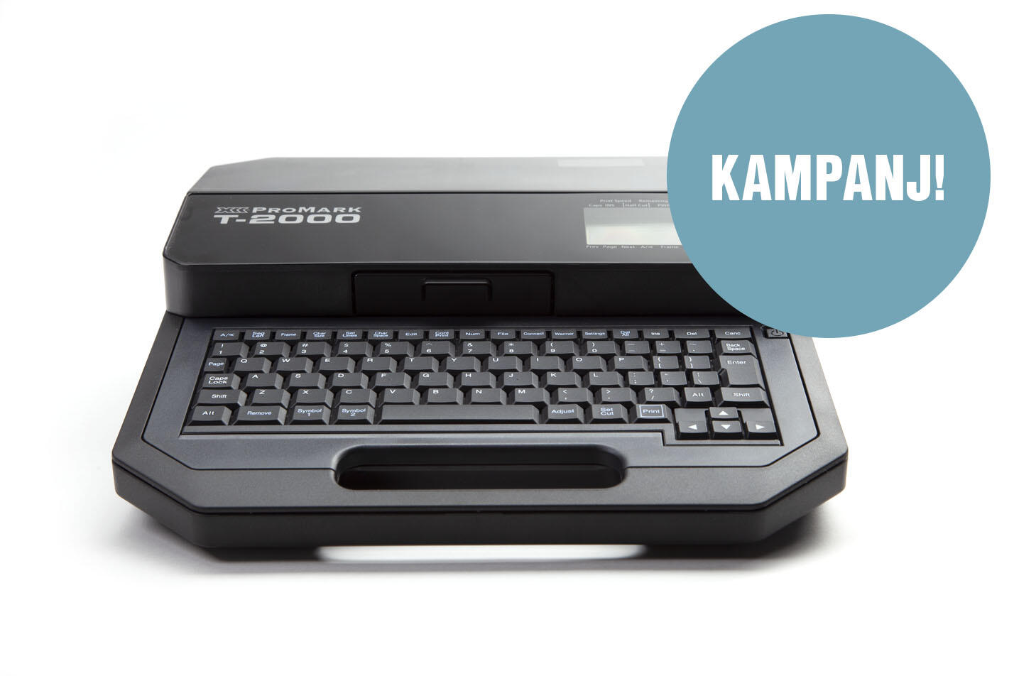 ProMark T-2000 bärbar skrivare med tangentbord och kampanjmeddelande